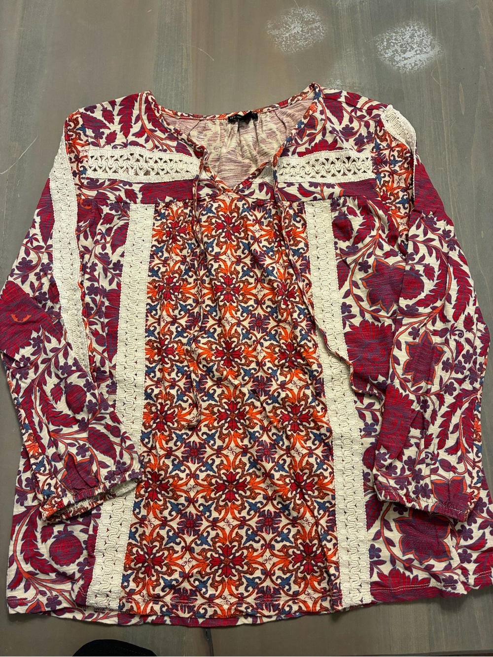new directions Floral Crochet-Trim Tunic in Red, Orange and Cream. Women’s XL
